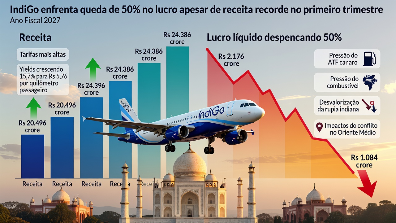 IndiGo enfrenta queda de 50% no lucro apesar de receita recorde no primeiro trimestre
