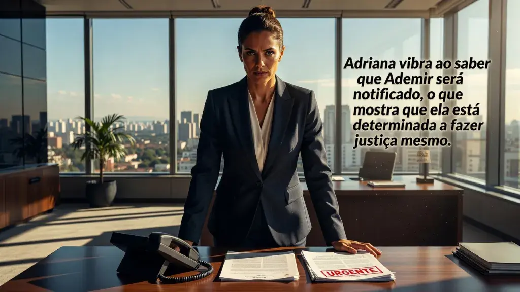 Adriana vibra ao saber que Ademir será notificado, o que mostra que ela está determinada a fazer justiça mesmo.