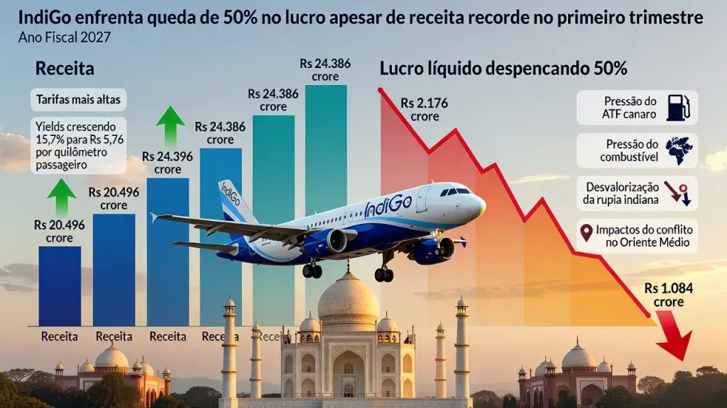 IndiGo enfrenta queda de 50% no lucro apesar de receita recorde no primeiro trimestre